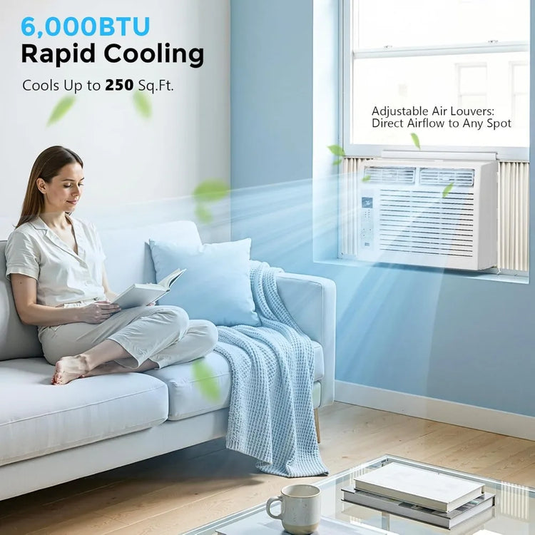 6,000 BTU Window Air Conditioner Cools 250sq.ft, Quiet AC Unit with Remote - ElectronAge