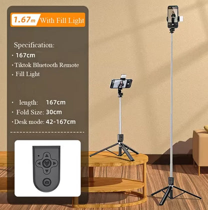 1.7M Bluetooth Wireless Selfie Tripod With Fill Light Shutter Remote Control Portable Foldable Monopod For iPhone Smart Phone