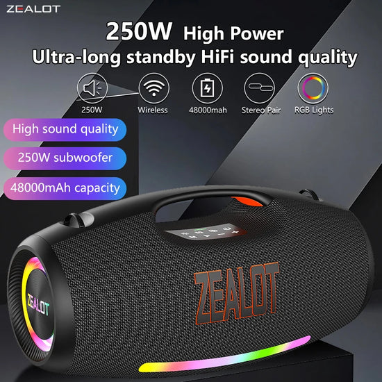 ZEALOT-S89 250W Portable Bluetooth Speaker High Volume Waterproof 48000mAh Wireless TWS Subwoofer Suporrt USB/TF/AUX RGB light.