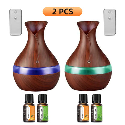 2-piece humidifier diffuser with remote ultra quiet aromatherapy, 7-color night light, and 4 bottles of essential oils