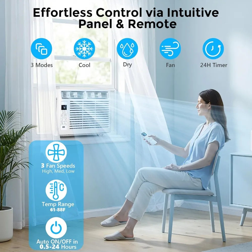 6,000 BTU Window Air Conditioner Cools 250sq.ft, Quiet AC Unit with Remote - ElectronAge