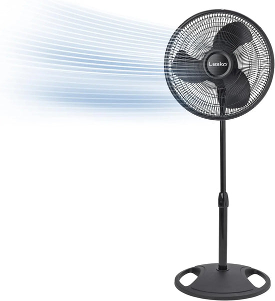 16-Inch Adjustable Pedestal Fan with 3 Speeds, Wide Oscillation for Bedroom, Kitchen, Office - Black