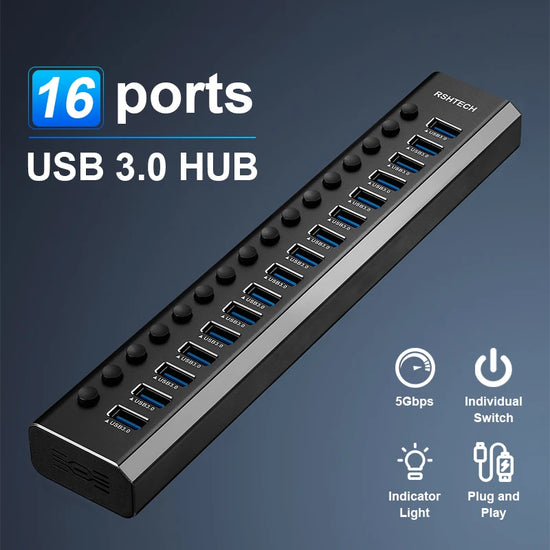 RSHTECH USB3.0 Hub Aluminum 10/13/16 Port Expander USB Powered Data Hub Splitter Individual On/Off Switches for Laptop Macbook