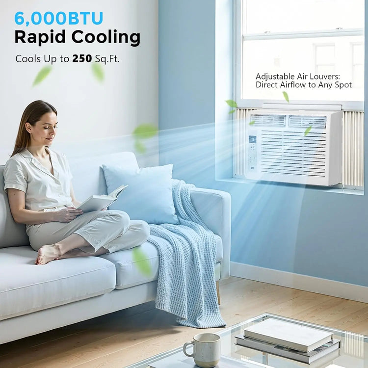 6,000 BTU Window Air Conditioner Cools 250sq.ft, Quiet AC Unit with Remote - ElectronAge