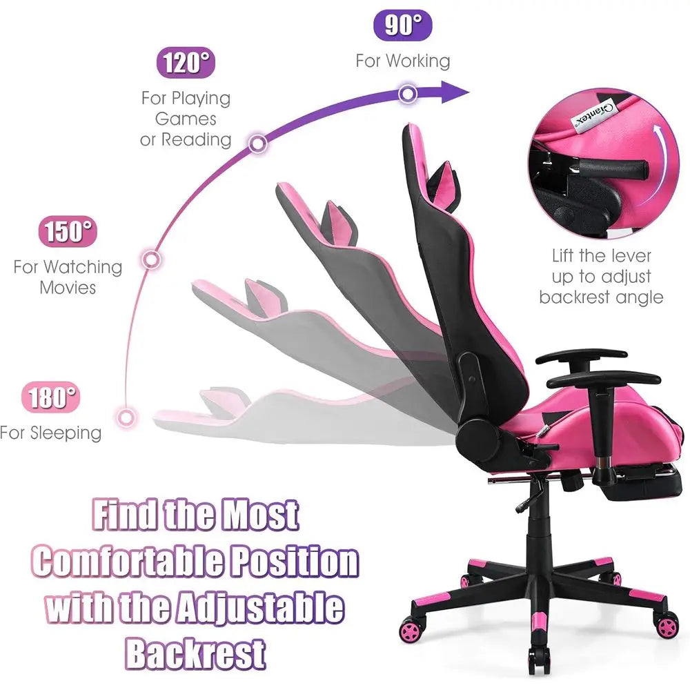 Pink Ergonomic Gaming Chair with Footrest - ElectronAge
