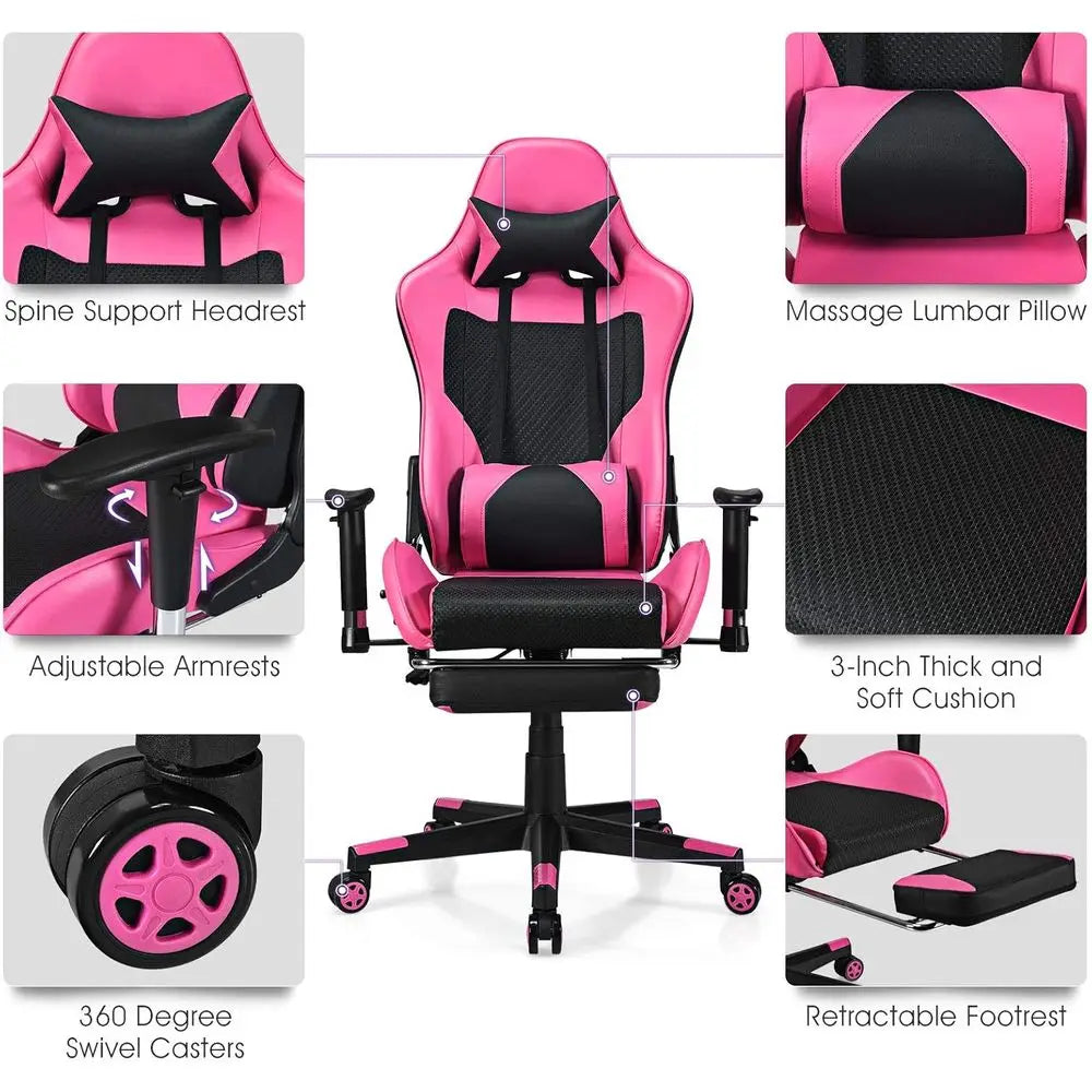 Pink Ergonomic Gaming Chair with Footrest - ElectronAge