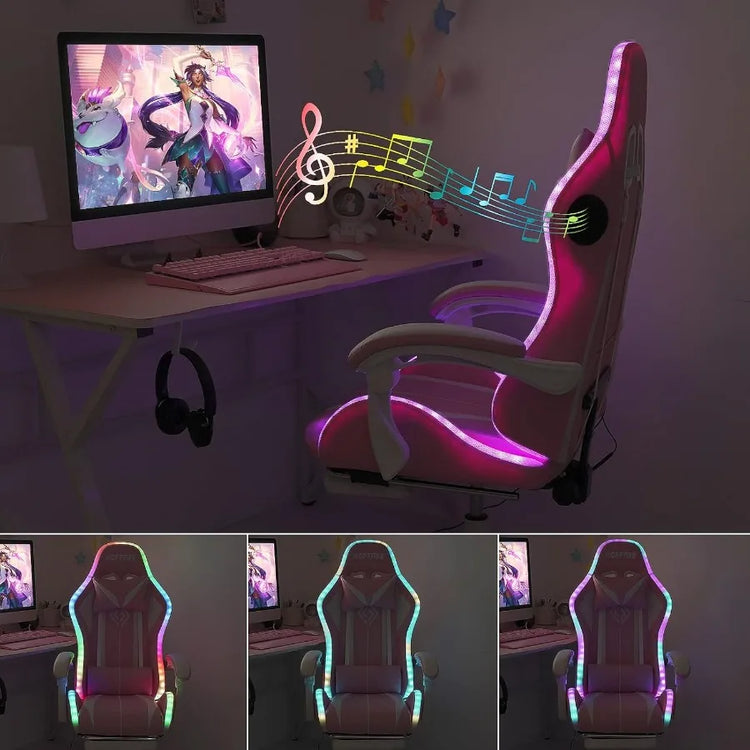 Pink Gaming Chair with Speakers and Led Lights - ElectronAge