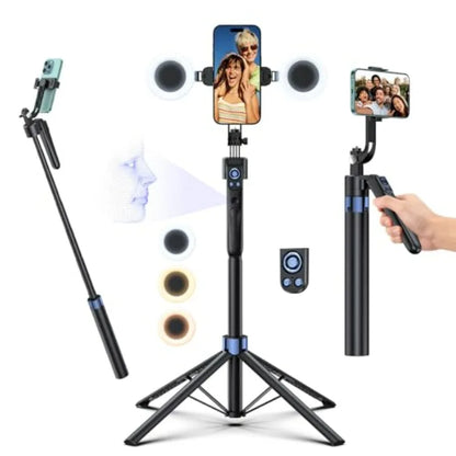 Smart Face Tracking Tripod Selfie Stick with LED Light 360 Rotating 70 Phone Camera Stand in Black with Bluetooth Remote for Vi