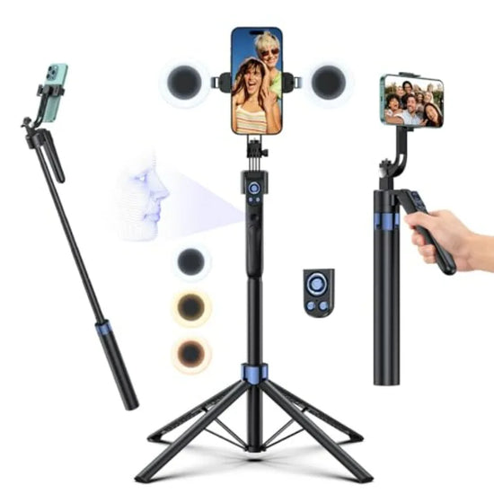 Smart Face Tracking Tripod Selfie Stick with LED Light 360 Rotating 70 Phone Camera Stand in Black with Bluetooth Remote for Vi