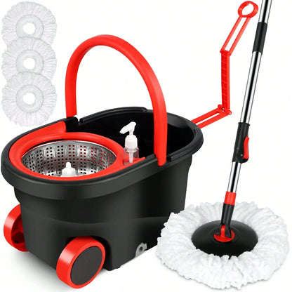 360° Spin Mop Bucket with Soap Dispenser and 2 Microfiber Heads, Stainless Steel Handle Floor Cleaning System for Home Use
