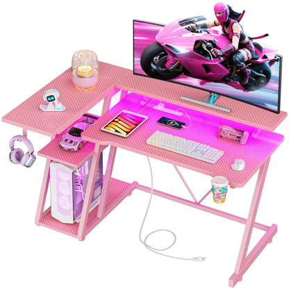 40 Inch Gaming Desk with Power Outlet & LED Lights, L Shaped Computer Gaming Table with 3 Tiers Storage Shelves,, Customized