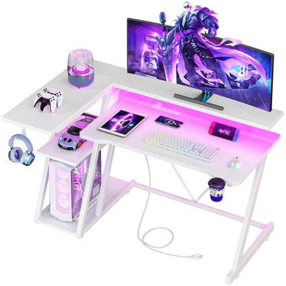 40 Inch Gaming Desk with Power Outlet & LED Lights, L Shaped Computer Gaming Table with 3 Tiers Storage Shelves,, Customized