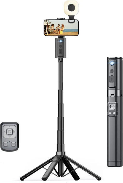 Auto Face Tracking Tripod with Light, 360 Rotation Phone Stand & Remote for Android Selfie Stick, Vlog Black