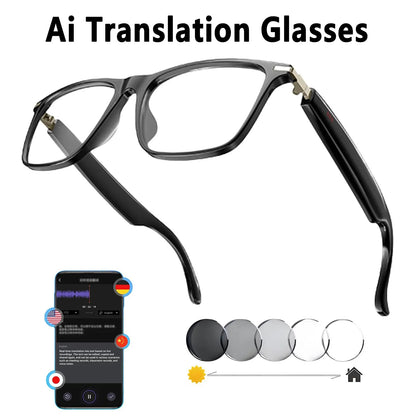 AI smart translation glasses, supporting real-time app translation in 164 languages, photochromic lenses, and flat gray lenses.