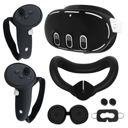 Transnovo for Meta Quest 3 7 in 1 Full Protection Kit Silicone Shell Thumbstick Caps & Sweat Proof Eye Pad Black Waterproof Case