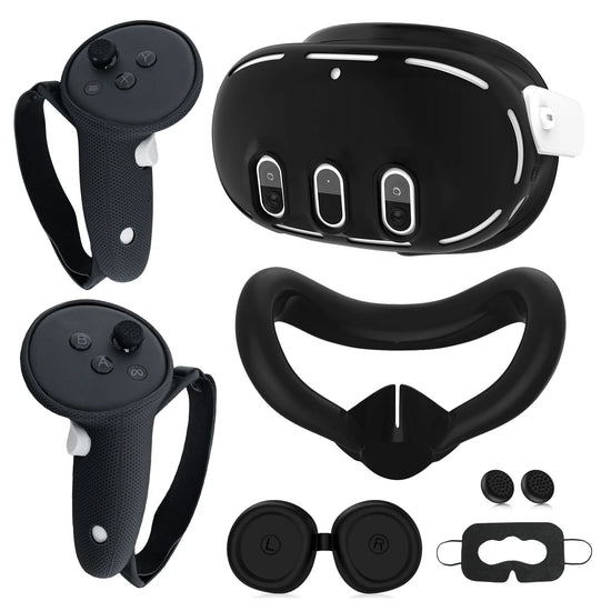 Transnovo for Meta Quest 3 7 in 1 Full Protection Kit Silicone Shell Thumbstick Caps & Sweat Proof Eye Pad Black Waterproof Case