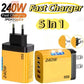 240W 5 In 1 Gan Desktop Charger 3PD 2 USB Fast Charging EU/US Charger Display Light For Iphone Samsung Xiaomi Huawei New