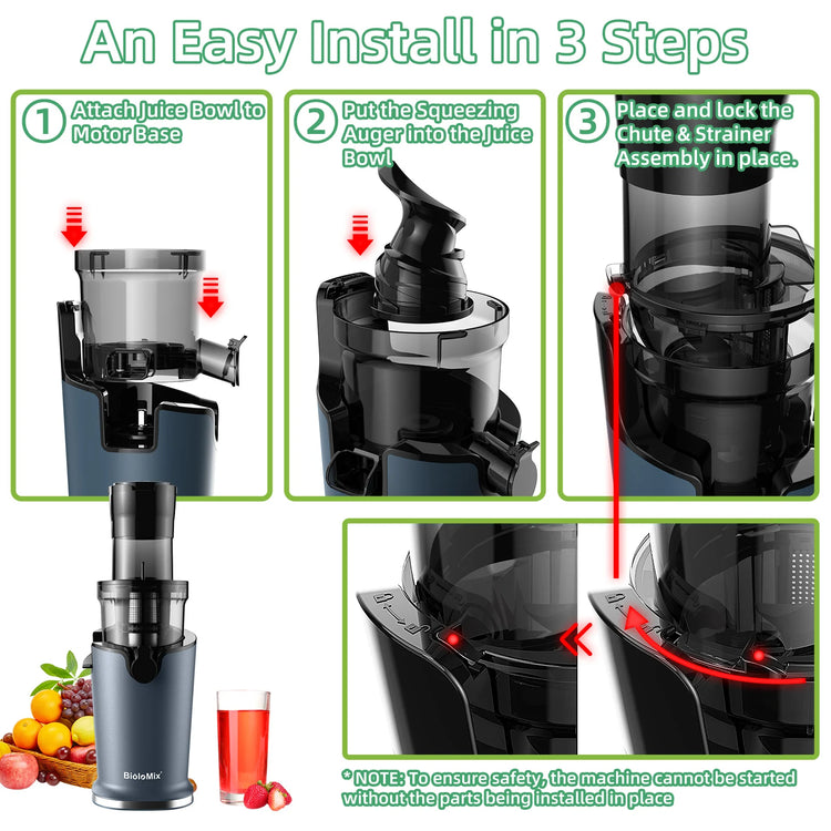 BioloMix Cold Press Juicer with 78mm Feed Chute, 200W 40-65RPM Powerful Motor Slow Masticating Juice Extractor Fits Whole Fruits - ElectronAge