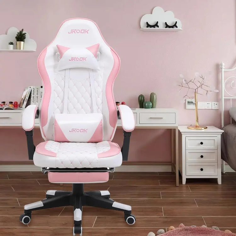 Pink Ergonomic PU Leather Gaming Chair with Adjustable Armrests - ElectronAge