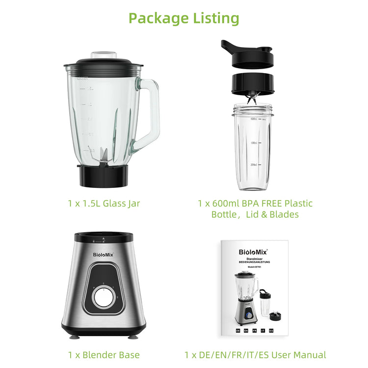 BioloMix 1300W Smoothie Blender with 1.5L Glass Jar - ElectronAge
