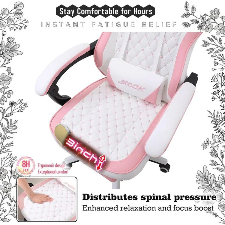 Pink Ergonomic PU Leather Gaming Chair with Adjustable Armrests - ElectronAge