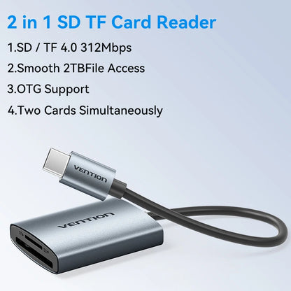Vention SD 4.0 Card Reader 312Mbps USB 3.0 Type C to SD Micro TF OTG Memory Card Adapter for iPhone 17 MacBook Laptop PC Samsung