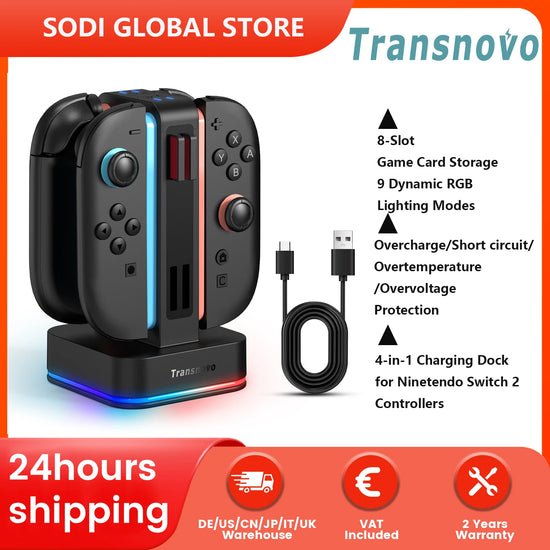 Charging Dock for Nintendo Switch 2, 4-Slot Dock with Smart Dynamic RGB Lights (9 Modes) 8 Game Card Slots for NS2 Joycons