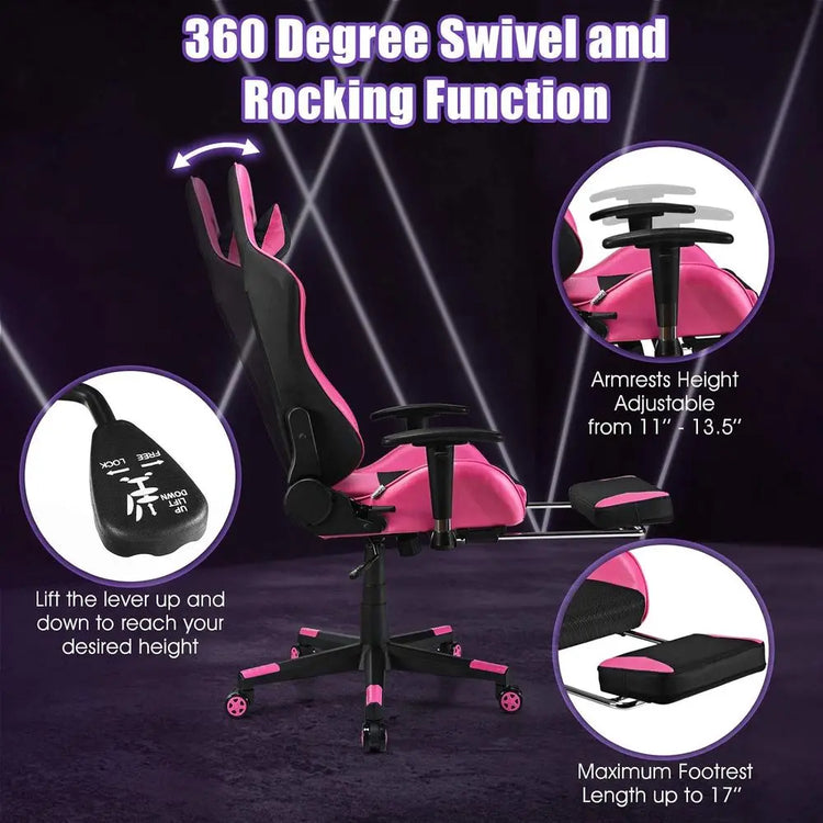 Pink Ergonomic Gaming Chair with Footrest - ElectronAge