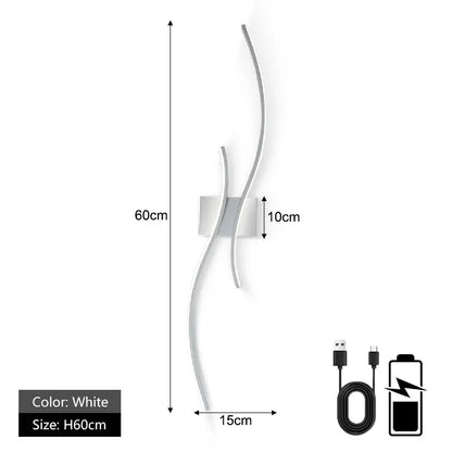 Black White Rechargeable LED Wall Light USB Type-C Battery Operated Wireless Wall Lamp 60/80cm Touch Switch Dimmable Wall Lights