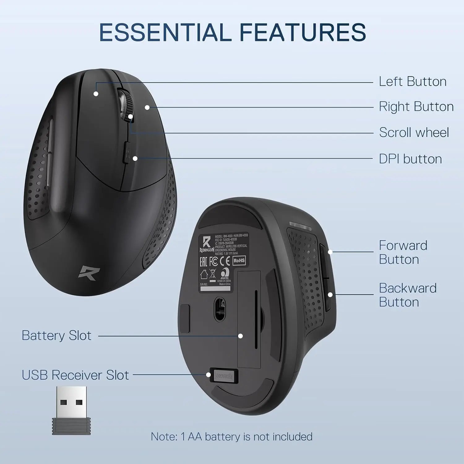 Redragon BM-4033 Wireless Vertical Ergonomic Mouse - ElectronAge