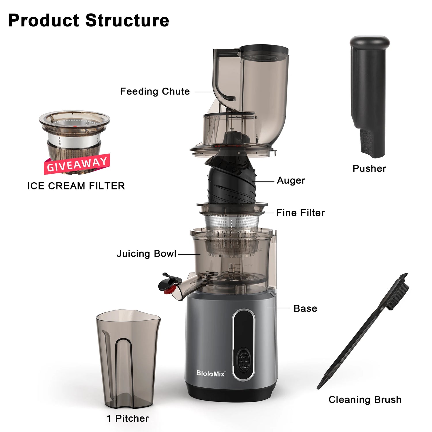 BioloMix Cold Press Juicer with 75mm Feed Chute, 200W 40-65RPM Powerful Motor Slow Masticating Juice Extractor Fits Whole Fruits - ElectronAge