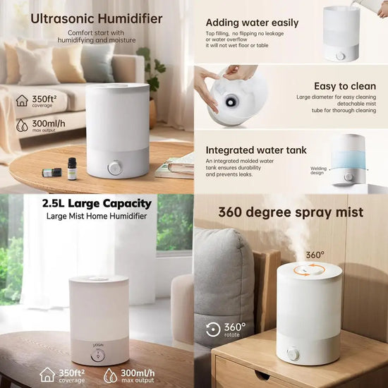 Top-Fill 2.5L Ultrasonic Cool Mist Humidifier for Large Rooms, Nursery, and Plants - 24-Hour Operation, Ultra Quiet, Night Light