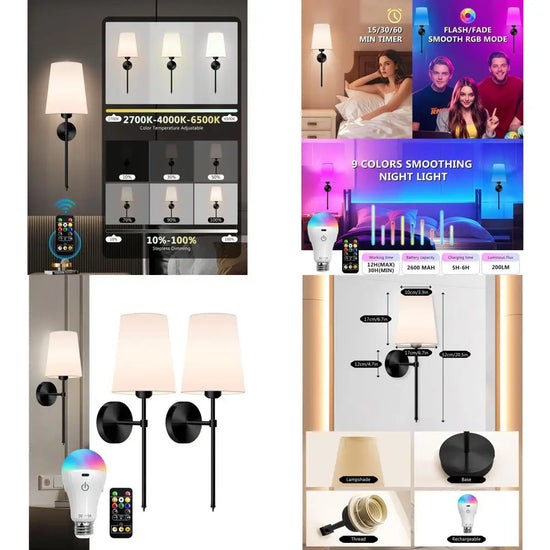 BrightSide Fixtures Pair of Rechargeable LED Wall Sconces with Remote