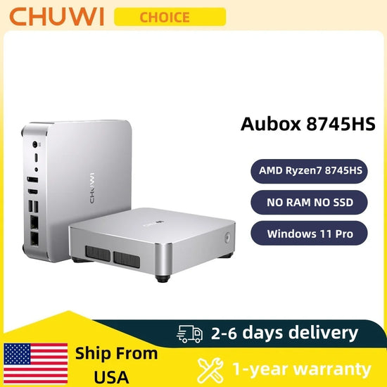 CHUWI Mini PC AuBox AMD Ryzen7 8745HS DDR5 Notincluded RAM/SSD WiFi6 BT5.1 2.5G LAN Support Quad DisplaysUp to 4K Windows 11 Pro