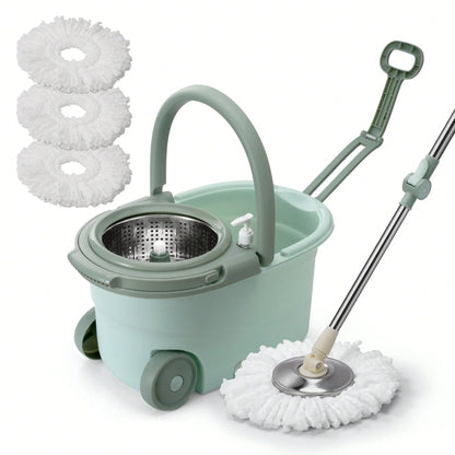 360° Spin Mop Bucket with Soap Dispenser and 2 Microfiber Heads, Stainless Steel Handle Floor Cleaning System for Home Use