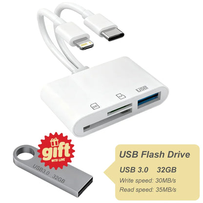 5-in-1 OTG SD TF Memory Card Reader Lightning Type C for iPhone 15 16 iPad Huawei Xiaomi Android MacBook Free 32GB USB Drive