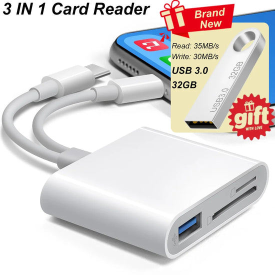 5-in-1 OTG SD TF Memory Card Reader Lightning Type C for iPhone 15 16 iPad Huawei Xiaomi Android MacBook Free 32GB USB Drive