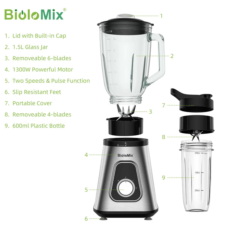 BioloMix 1300W Smoothie Blender with 1.5L Glass Jar - ElectronAge