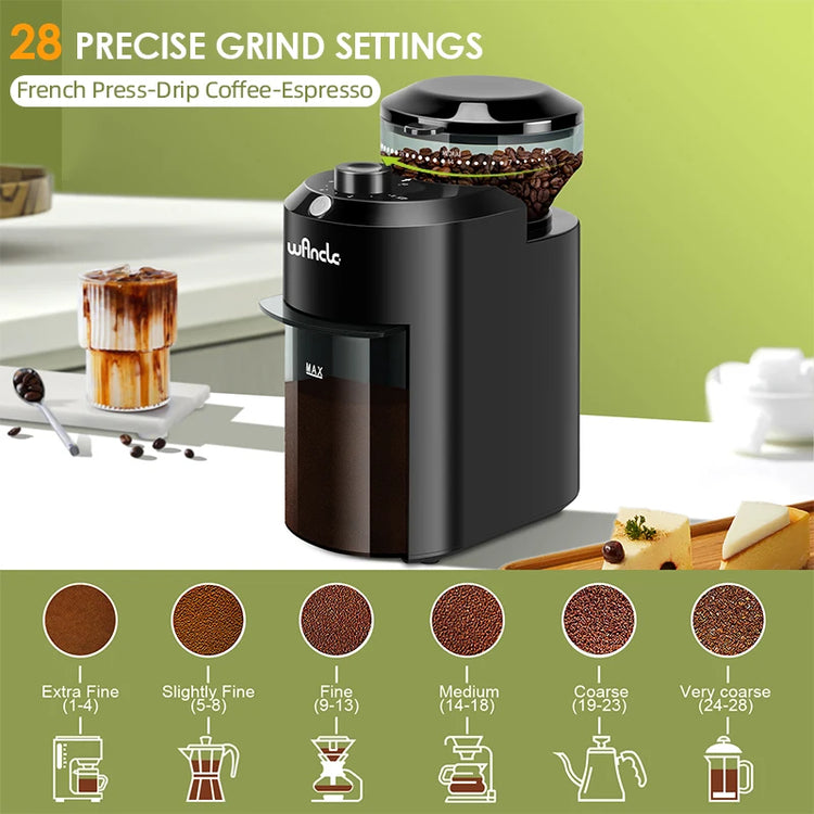 Wancle Electric Burr Coffee Grinder Adjustable Burr Mill Conical Coffee Bean Grinding with 28 Precise Grind Setting 220V/120V - ElectronAge