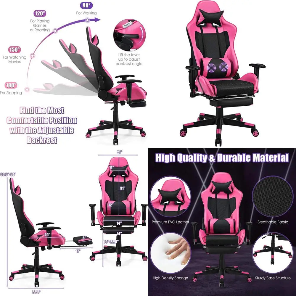 Pink Ergonomic Gaming Chair with Footrest - ElectronAge
