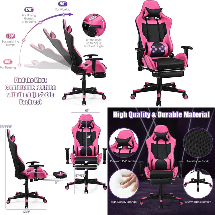 Pink Ergonomic Gaming Chair with Footrest - ElectronAge