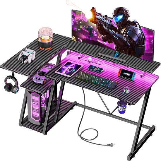 40 Inch Gaming Desk with Power Outlet & LED Lights, L Shaped Computer Gaming Table with 3 Tiers Storage Shelves,, Customized