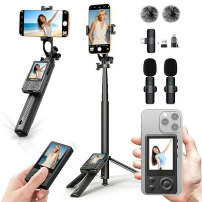 Wireless Selfie Monitor Vlogging Kit with Microphone 65in Extendable Phone Tripod Selfie Stick Magnetic Back Camera Monitor 164