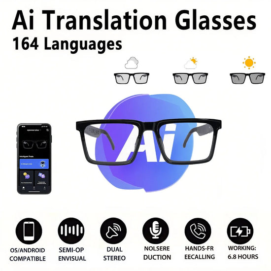 AI Translation Smart Glasses, photochromic lenses, support 160+ languages real-time translation, fashionable audio glasses.