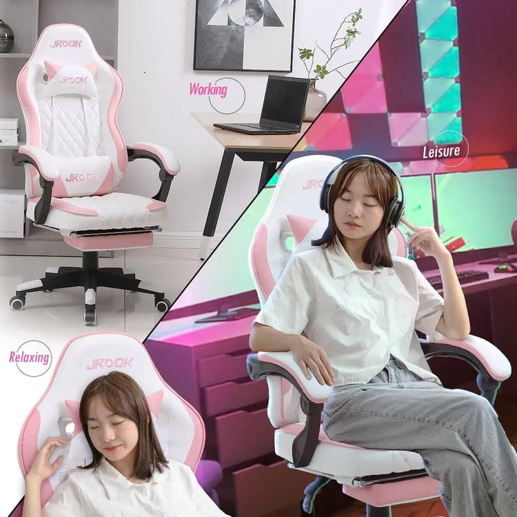 Pink Ergonomic PU Leather Gaming Chair with Adjustable Armrests - ElectronAge