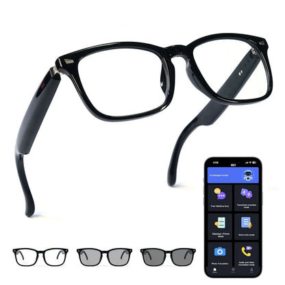Smart audio glasses, real-time translation via app, photochromic lenses, Hi-Fi music playback, and noise-canceling voice calls.