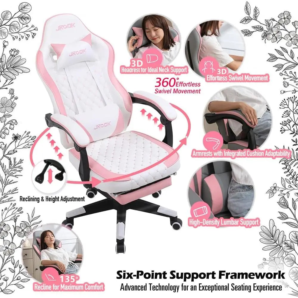 Pink Ergonomic PU Leather Gaming Chair with Adjustable Armrests - ElectronAge