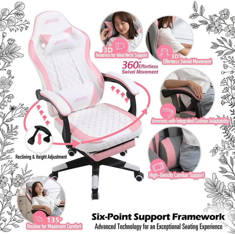 Pink Ergonomic PU Leather Gaming Chair with Adjustable Armrests - ElectronAge
