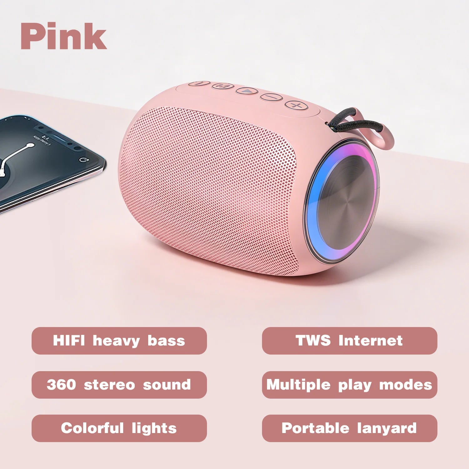 Pink Wireless Speaker with Colorful Lights - ElectronAge