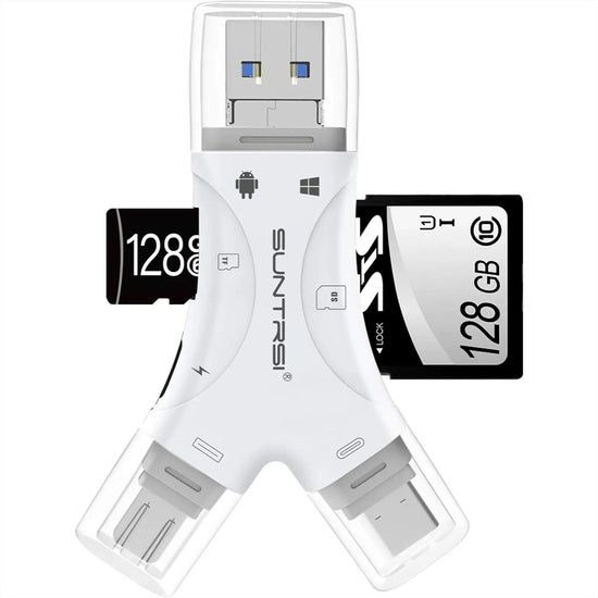 4 in 1 SD Card Reader for iPhone iPad Android Mac Computer Camera, Portable Memory Card Adapter with Charging Port